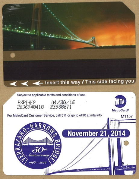Verrazano Bridge 50th Anniversary Metrocard - MTA NYCT - Verrazano Bridge 50th Anniversary Metrocard - MTA NYCT Verrazano Bridge 50th Anniversary Metrocard - small combo.jpg